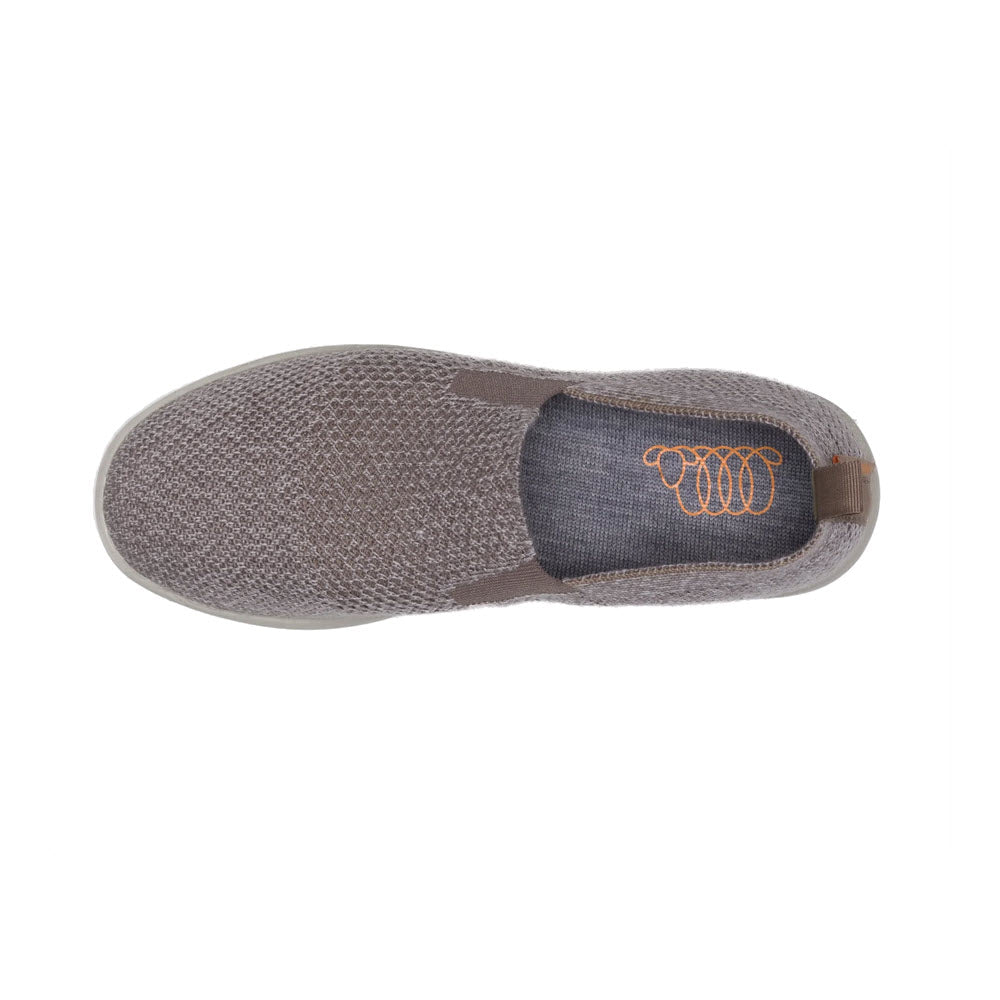 Top view of a gray slip-on shoe crafted from Woolloomooloo Suffolk Natural - Womens with an embroidered logo on the heel.