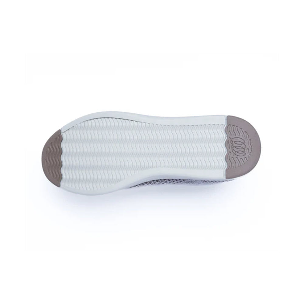 Sole of a Woolloomooloo Suffolk Natural - Womens lightweight white and gray sneaker with textured patterns and brand logo on the heel area, displayed against a white background.