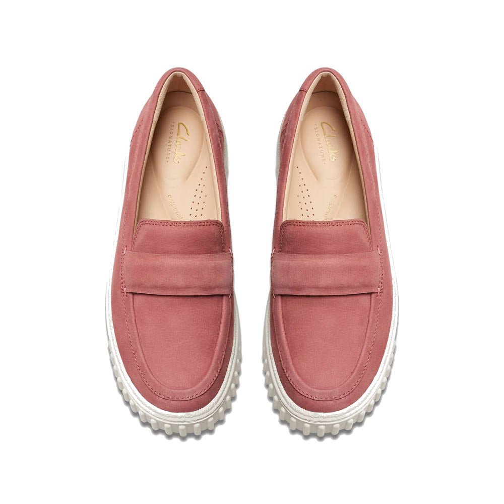 A pair of Clarks Mayhill Cove Dusty Rose Nubuck loafers with white soles, displayed from above on a white background.