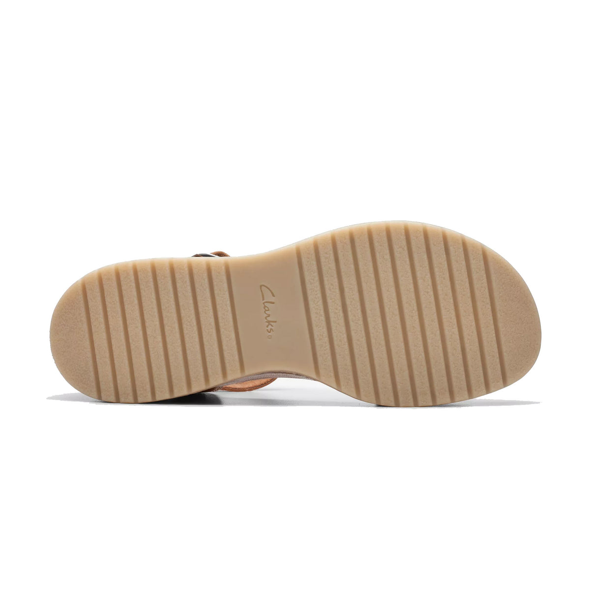 Sole of a Clarks Kassandra Lily Tan shoe, showing a flat beige surface with horizontal grooves and the Clarks brand name embossed in the center, featuring a Contour Cushion footbed for added comfort.