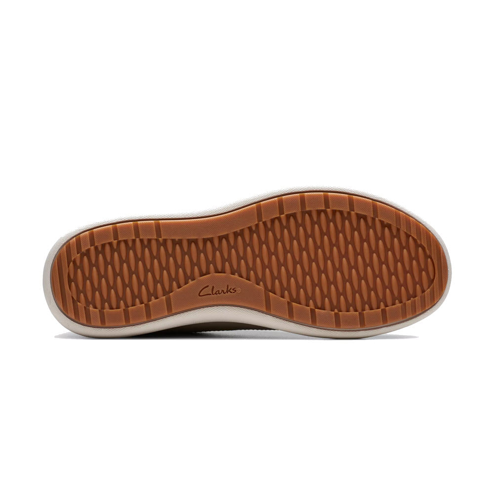 Bottom view of a Clarks Nalle Lace Stone shoe displaying its brown, high-grip rubber sole with a diamond-shaped tread pattern and the Clarks brand name embossed in the center.