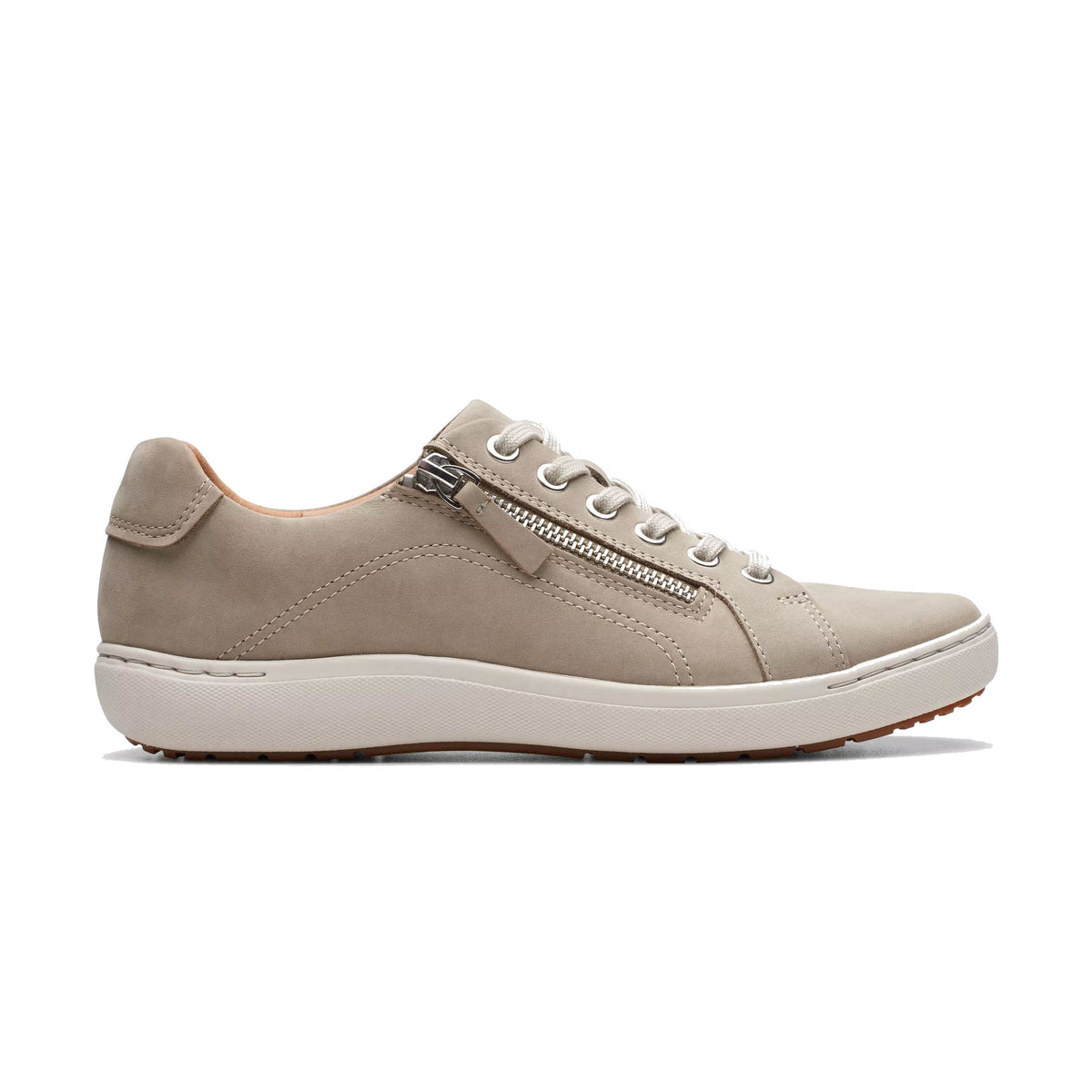 Clarks Nalle Lace Stone sneaker with zipper detail and high-grip rubber sole, displayed on a white background.
