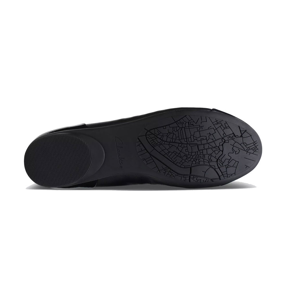 Bottom view of a Clarks Rena Jazz Black - Womens shoe featuring a Contour Cushion footbed and a detailed city map design on the sole.