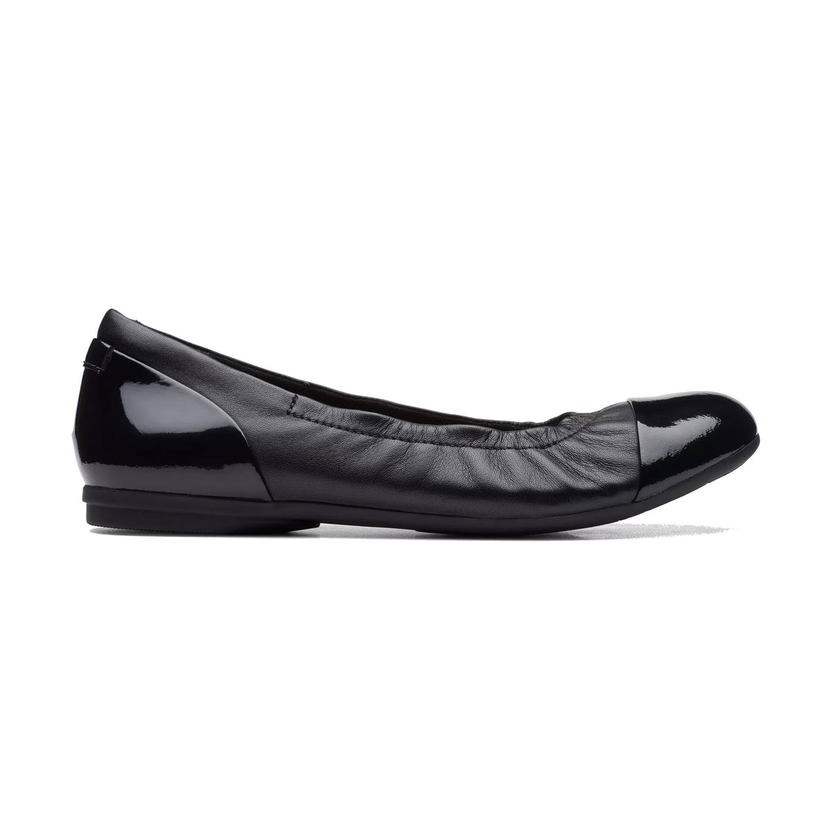 A side profile of a Clarks Rena Jazz black - women&#39;s ballet flat with a shiny toe cap and a soft leather design on a white background.