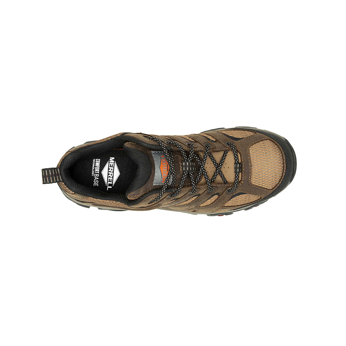 Top view of a brown and black Merrell Moab Vertex 2 Low Carbon Fiber Waterproof Leather hiking shoe with a heat-resistant outsole, visible laces, and brand logo.