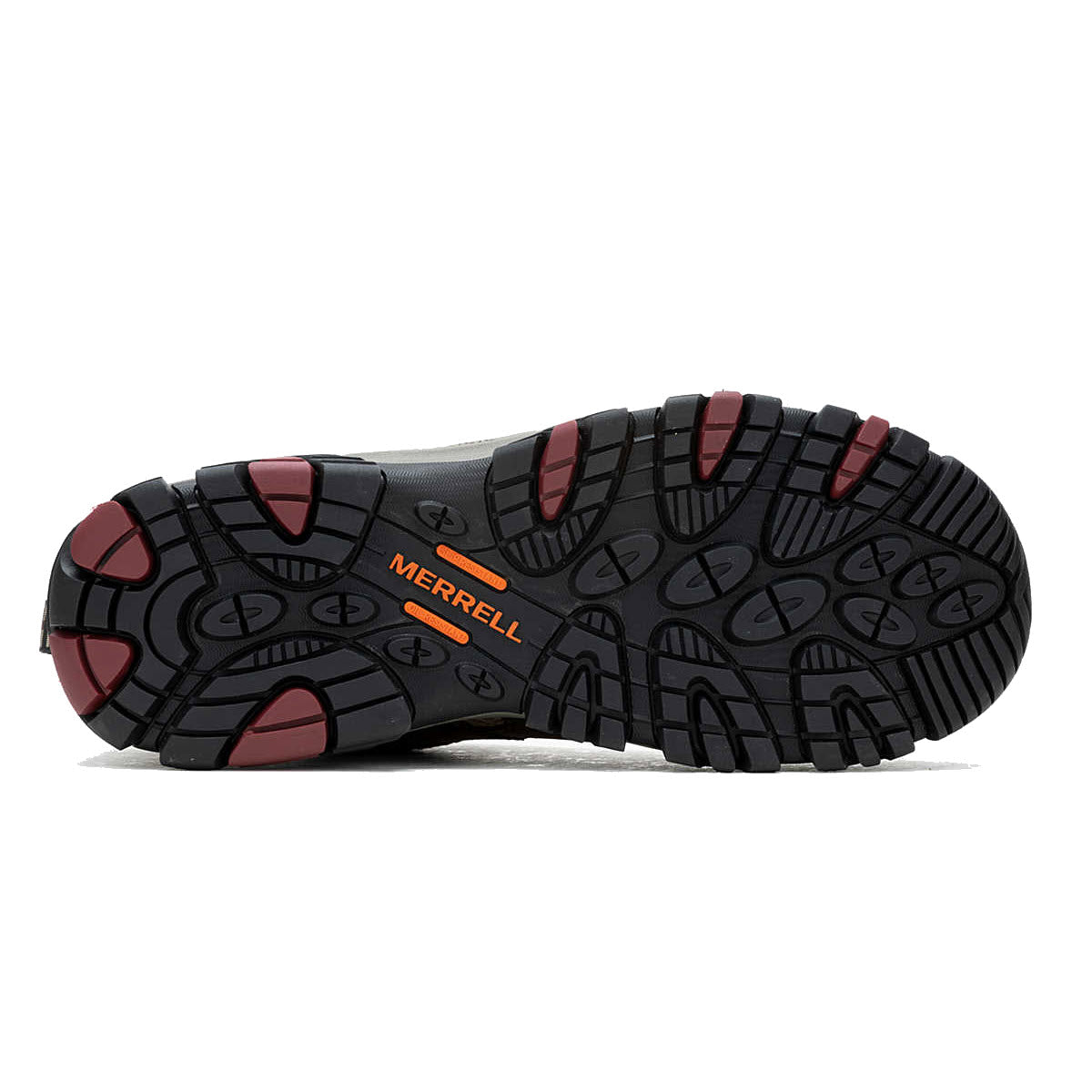 Sole of a Merrell Moab Vertex 2 low hiking shoe displaying black tread with red accents, featuring EH-rated protection and the Merrell logo.