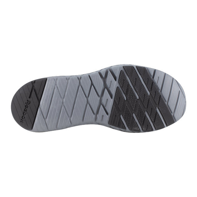Bottom view of a Reebok Work Composite Toe Flexagon Force XL Black - Mens work shoe sole with a patterned tread design in black and gray, displaying the brand logo.