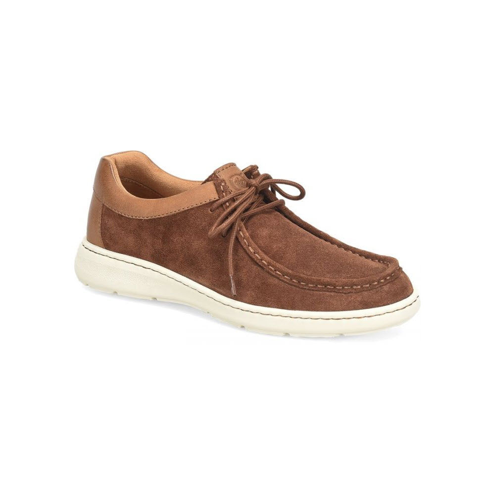 A single Born Maverick Moc Toe Chukka in Brown Combo with laces and a white sole, isolated on a white background.
