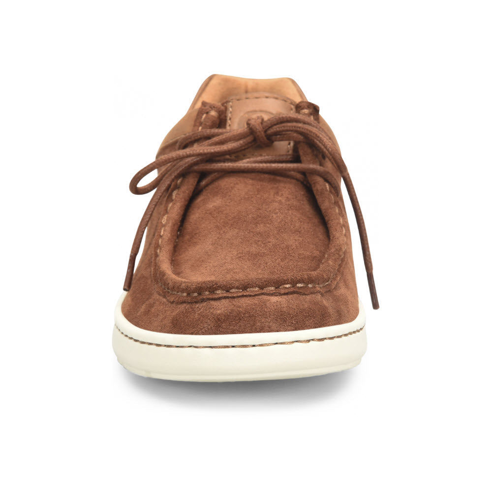 Front view of a single Born Maverick Moc Toe Chukka Brown Combo shoe with laces on a white background.