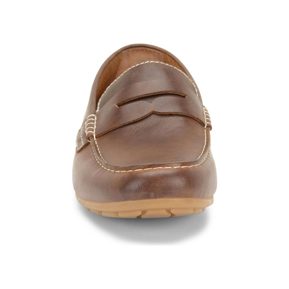 Front view of a single comfortable Born Andes Slip On Penny Loafer in dark brown leather with stitching and a rubber sole on a white background.