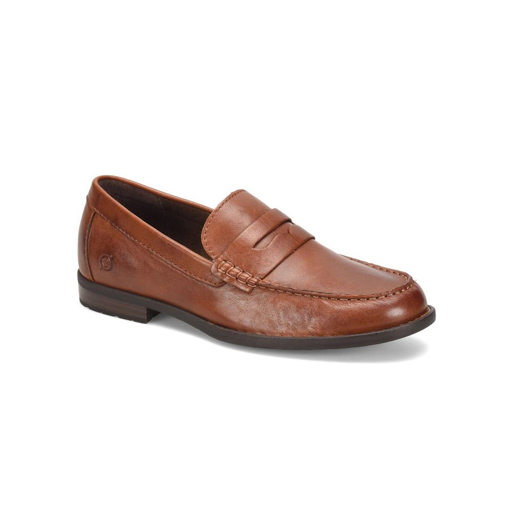 A single Born Matthew slip on penny loafer in brown leather with detailed stitching and a logo on the side, crafted from hand-finished leathers.