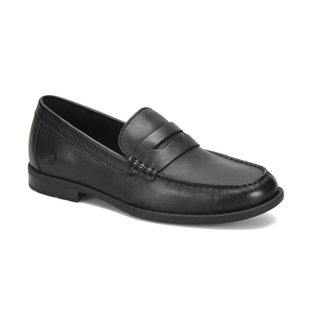Born black leather penny loafer with a penny keeper strap and a round toe on a white background, crafted from hand-finished leathers.