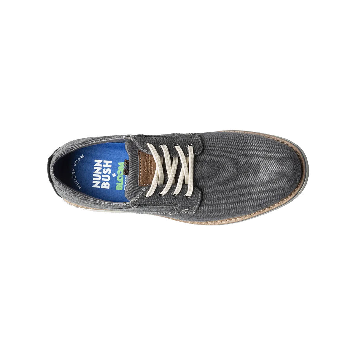 A single dark gray Nunn Bush Otto canvas plain toe oxford with white laces and a visible blue insole, viewed from above on a white background.