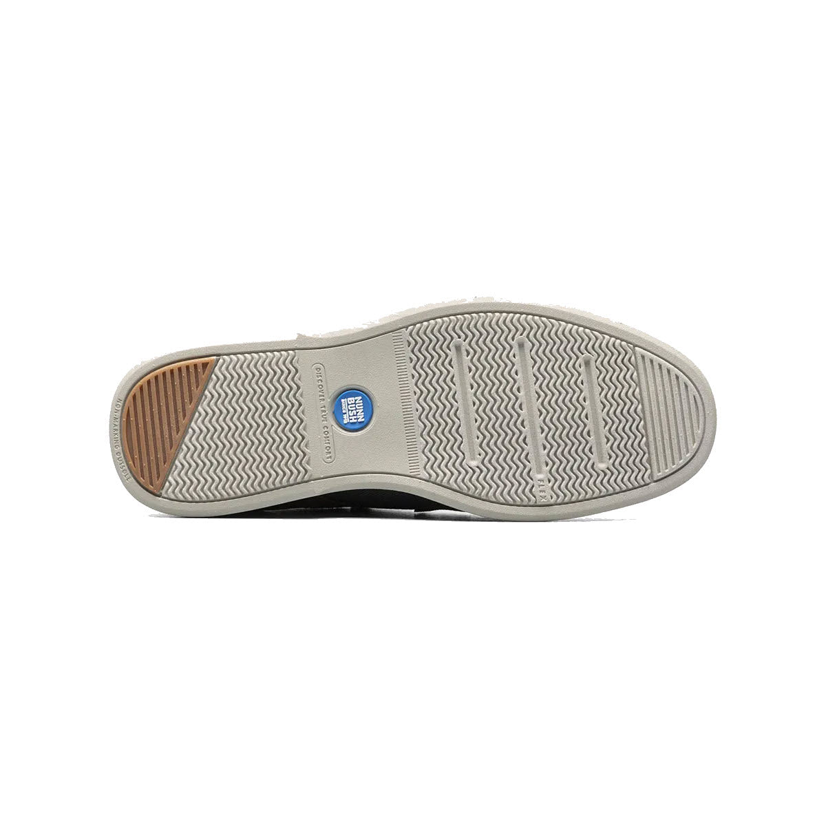 Sole of a light-colored sneaker with zigzag tread pattern and a blue Nunn Bush Otto logo.
Product: Nunn Bush Otto Canvas Plain Toe Oxford Gunmetal - Mens.