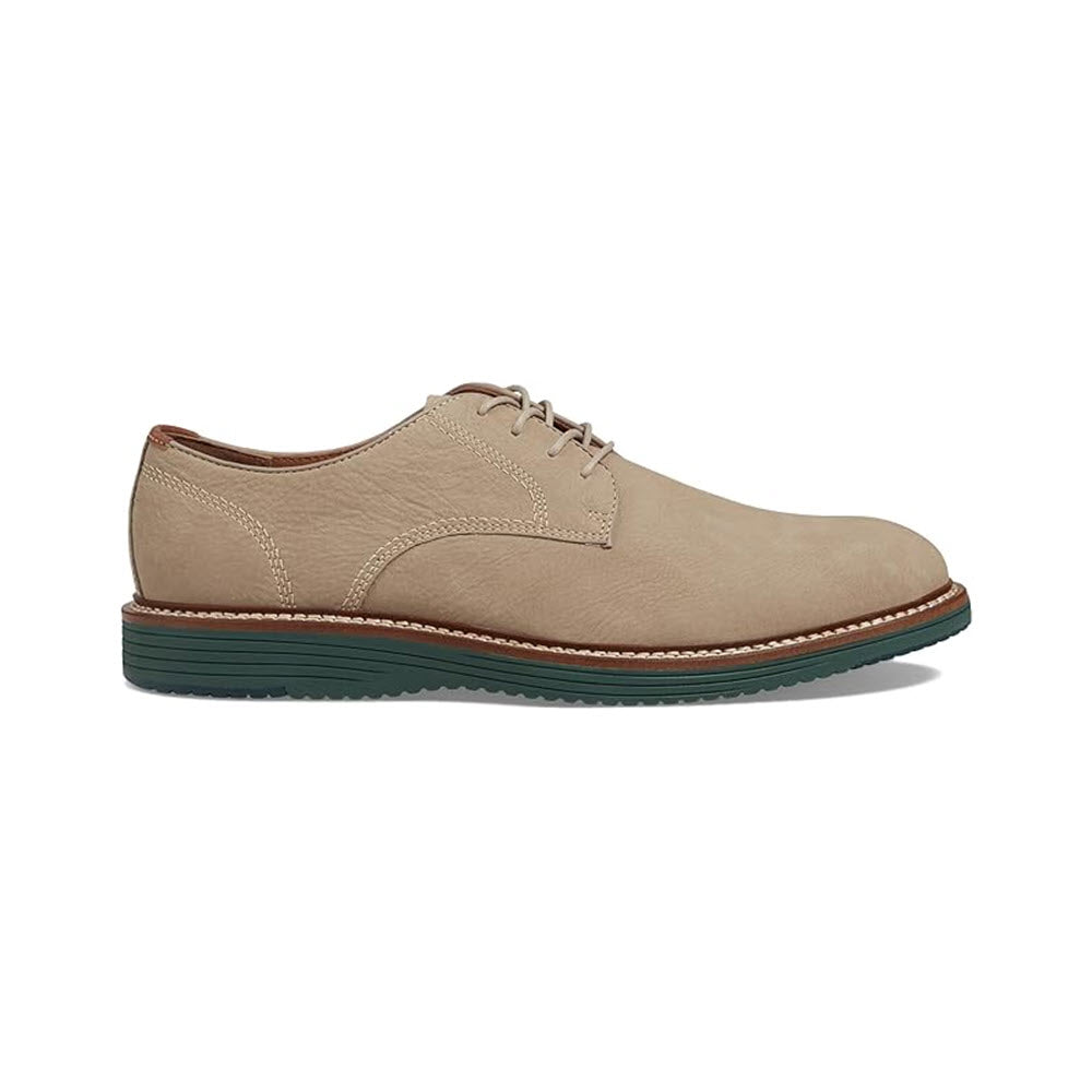 A light beige Johnston & Murphy Upton Plain Toe Oxford Taupe Nubuck shoe with a contrasting dark green TRUFOAM midsole, shown in a side profile on a white background.