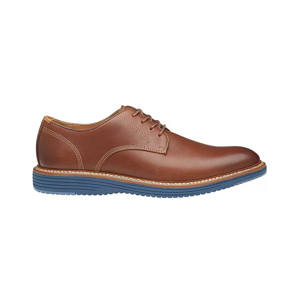 A single brown leather Johnston & Murphy Upton Plain Toe Lace Oxford with blue TRUFOAM outsoles and light stitching, displayed against a white background.