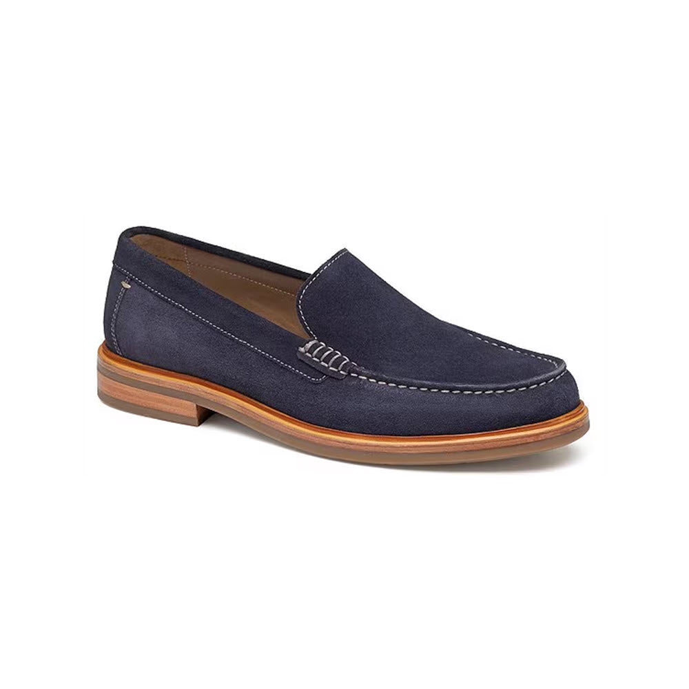 A Johnston &amp; Murphy Lyles Venetian Slip On Navy Suede loafer with detailed stitching and a wooden sole, displayed on a white background.