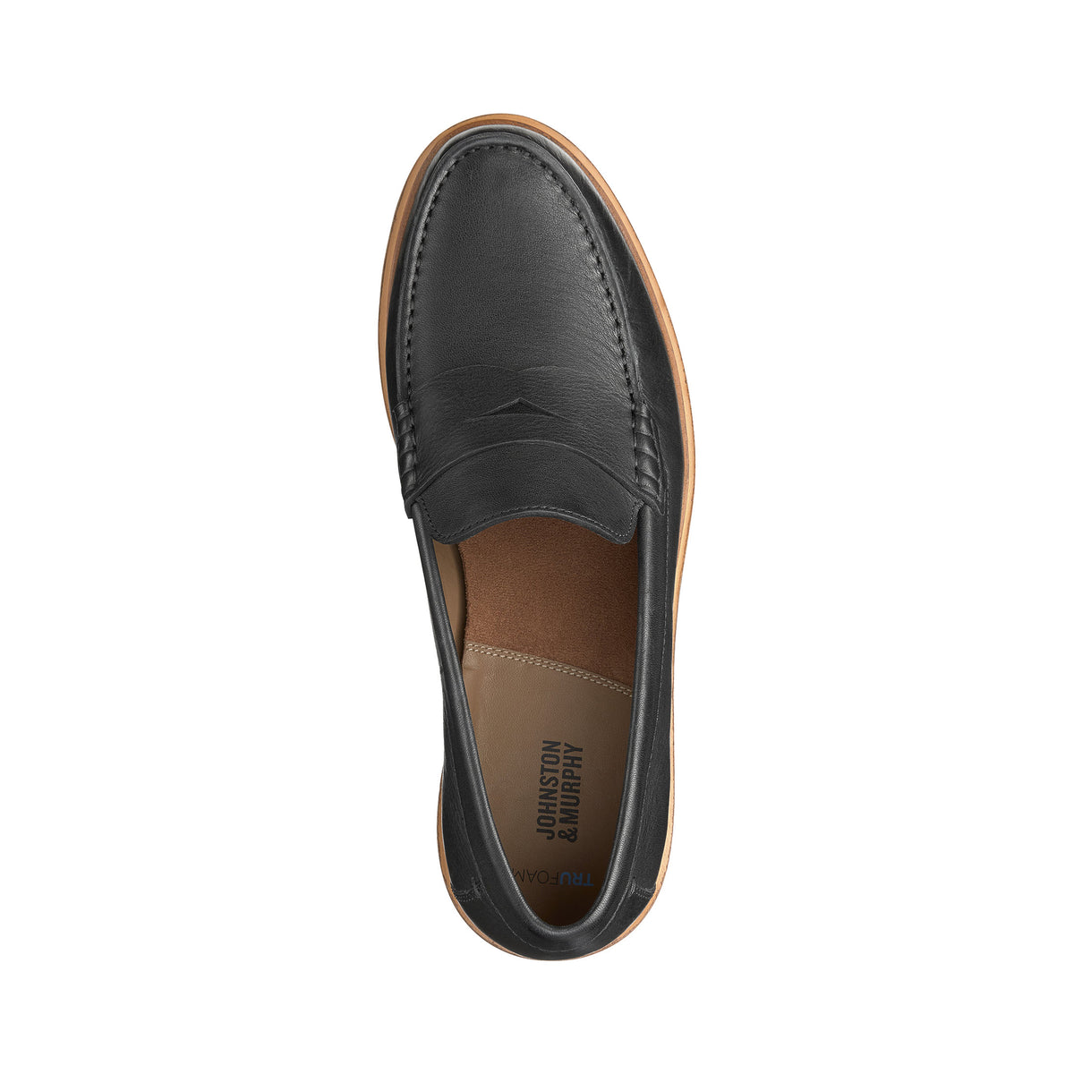 Top view of a Johnston &amp; Murphy Lyles Slip On Penny Black Full Grain loafer with tan interior on a white background.