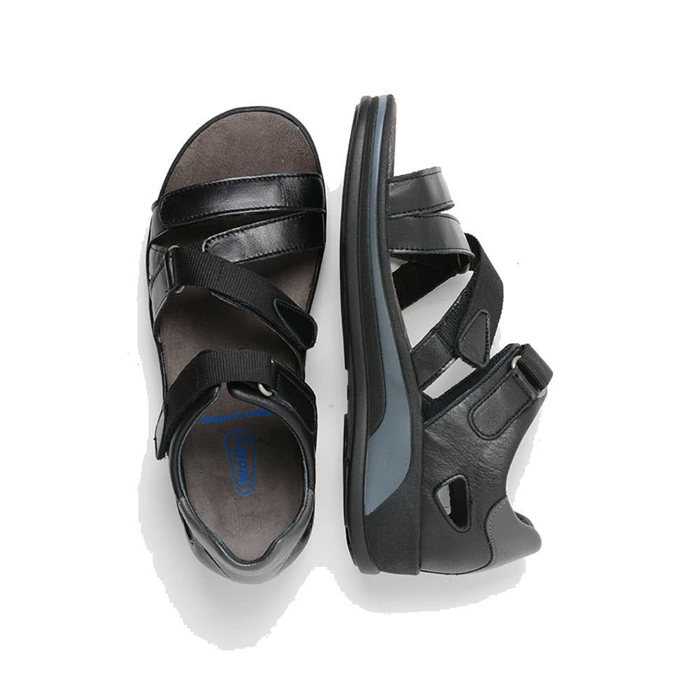 A pair of black Wolky Desh orthopedic trekking sandals with adjustable supportive straps, viewed from above on a white background.