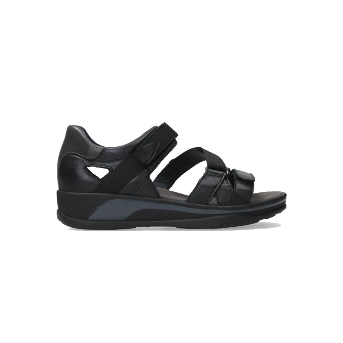 A black orthopedic trekking sandal with supportive straps and a cut-out design, displayed on a white background. 
Product Name: Wolky Desh Black - Womens
Brand Name: Wolky