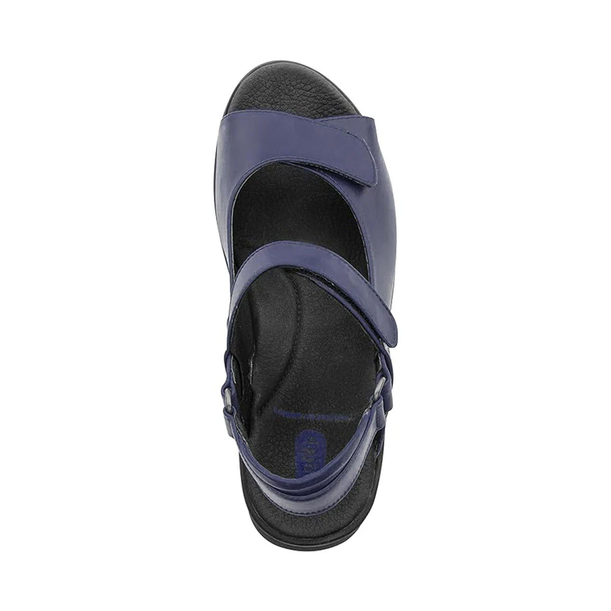 Top view of a single navy blue Wolky Pichu Purple sandal with adjustable straps and a black insole featuring awe-inspiring grip on a white background.