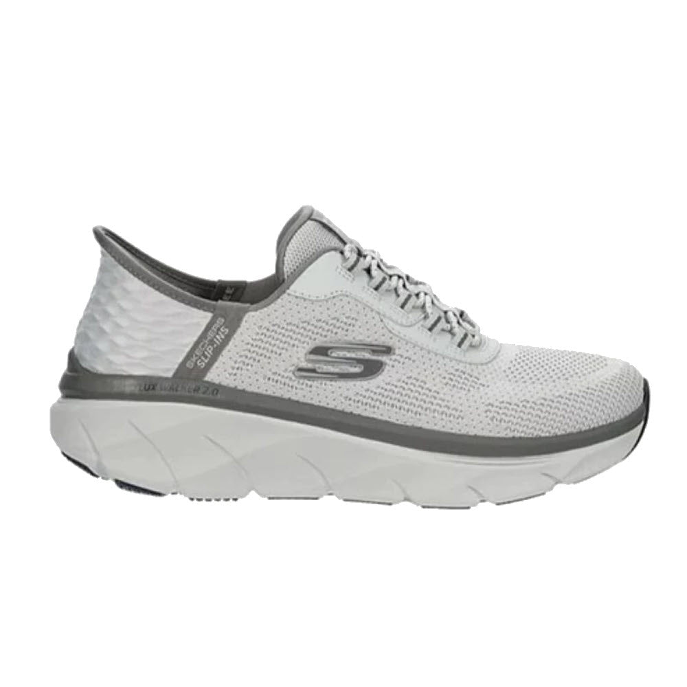 A single SKECHERS SLIP-INS D&#39;LUX WALKER REZINATE GRAY KNIT/DURALE - MENS walking shoe with a thick white sole and a breathable mesh upper on a white background, featuring Skechers Air-Cooled Memory Foam.