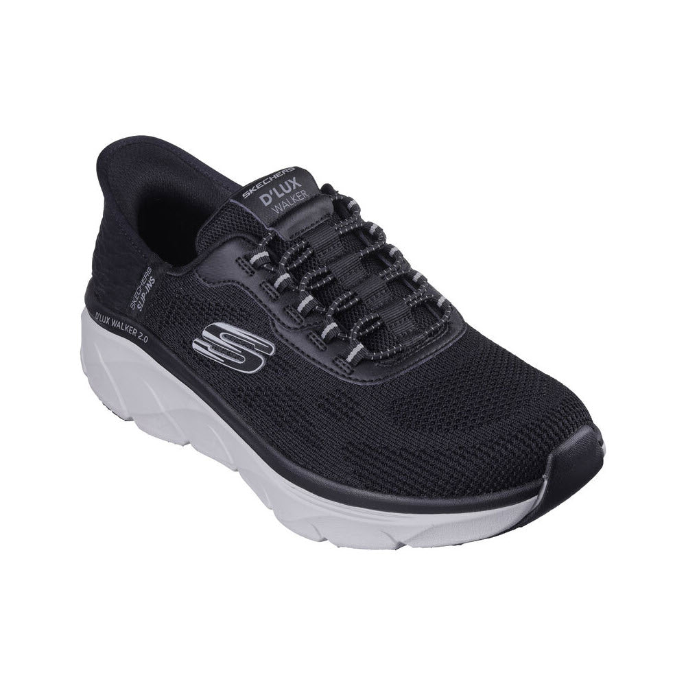 Sentence with replacement: Black Skechers SKECHERS SLIP-INS D&#39;LUX WALKER REZINATE KNIT 2.0 with white soles, featuring Air-Cooled Memory Foam d&#39;lites air cooling texturing, viewed from a side angle on a white background.