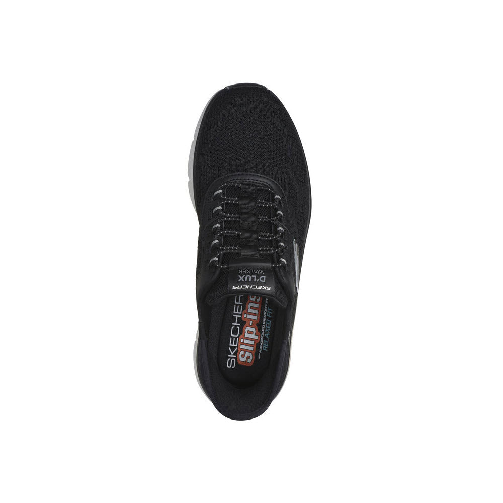 Top view of a black Skechers Slip-Ins D&#39;Luxe Walker Rezinate Knit 2.0 sneaker with Air-Cooled Memory Foam, displaying the brand logo on the tongue.