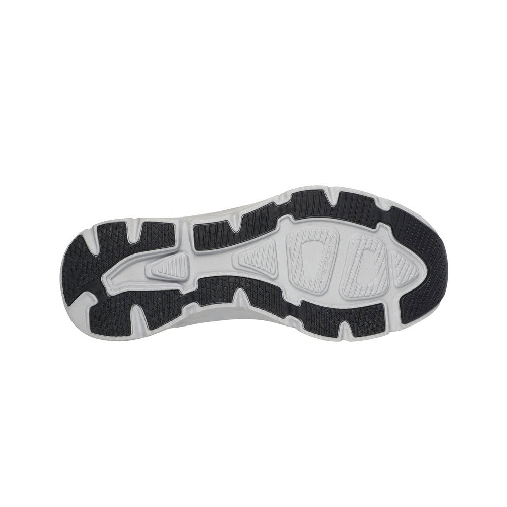 Bottom view of a Skechers Slip-Ins D&#39;Luxe Walker Rezinate Knit 2.0 Black/Gray - Mens sporty shoe sole with a mix of black and white rubber patterns and clear brand detailing, enhanced by Air-Cooled Memory Foam.