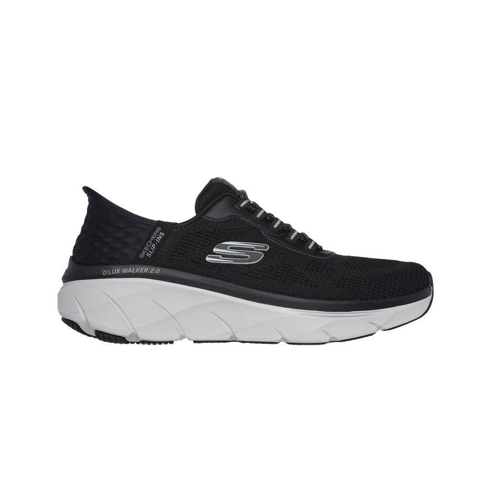 A black Skechers Slip-ins D&#39;Luxe Walker Rezinate Knit 2.0 running shoe with a white sole, featuring Air-Cooled Memory Foam and side logo.