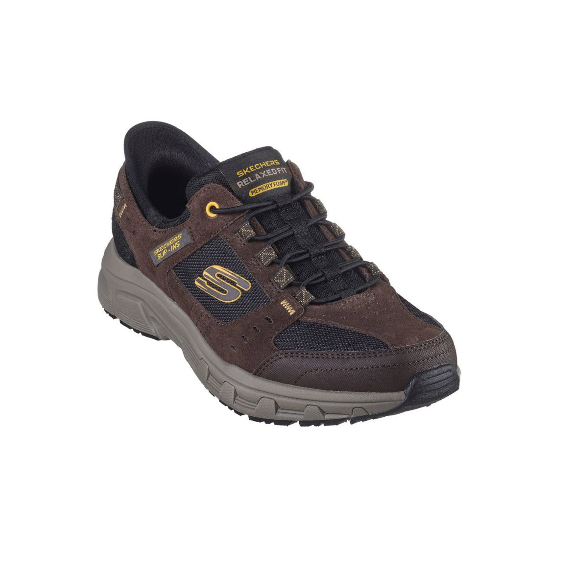 Skechers Oak Canyon Brown Slip-Ins with visible logo, lace-up front, and thick rubber sole, isolated on a white background.