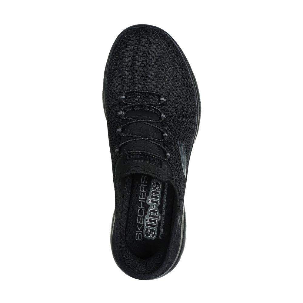 Top view of a black Skechers SLIP-INS SUMMITS DIAMOND DREAM ALL BLACK sneaker with laces, showcasing the brand logo on the tongue and featuring air-cooled memory foam for superior cushioning.
