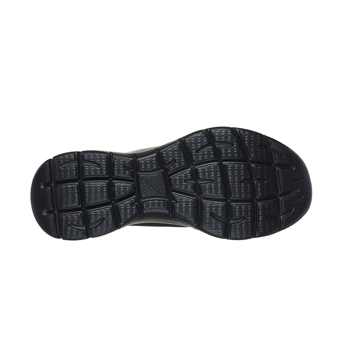 Bottom view of a SKECHERS SLIP-INS SUMMITS DIAMOND DREAM ALL BLACK - WOMENS sole with a detailed tread pattern and superior cushioning.