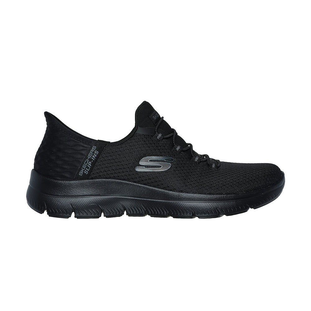 A black Skechers Slip-Ins Summits Diamond Dream All Black sneaker with mesh fabric, side logo detail, and air cooled memory foam, shown in a side view against a white background.