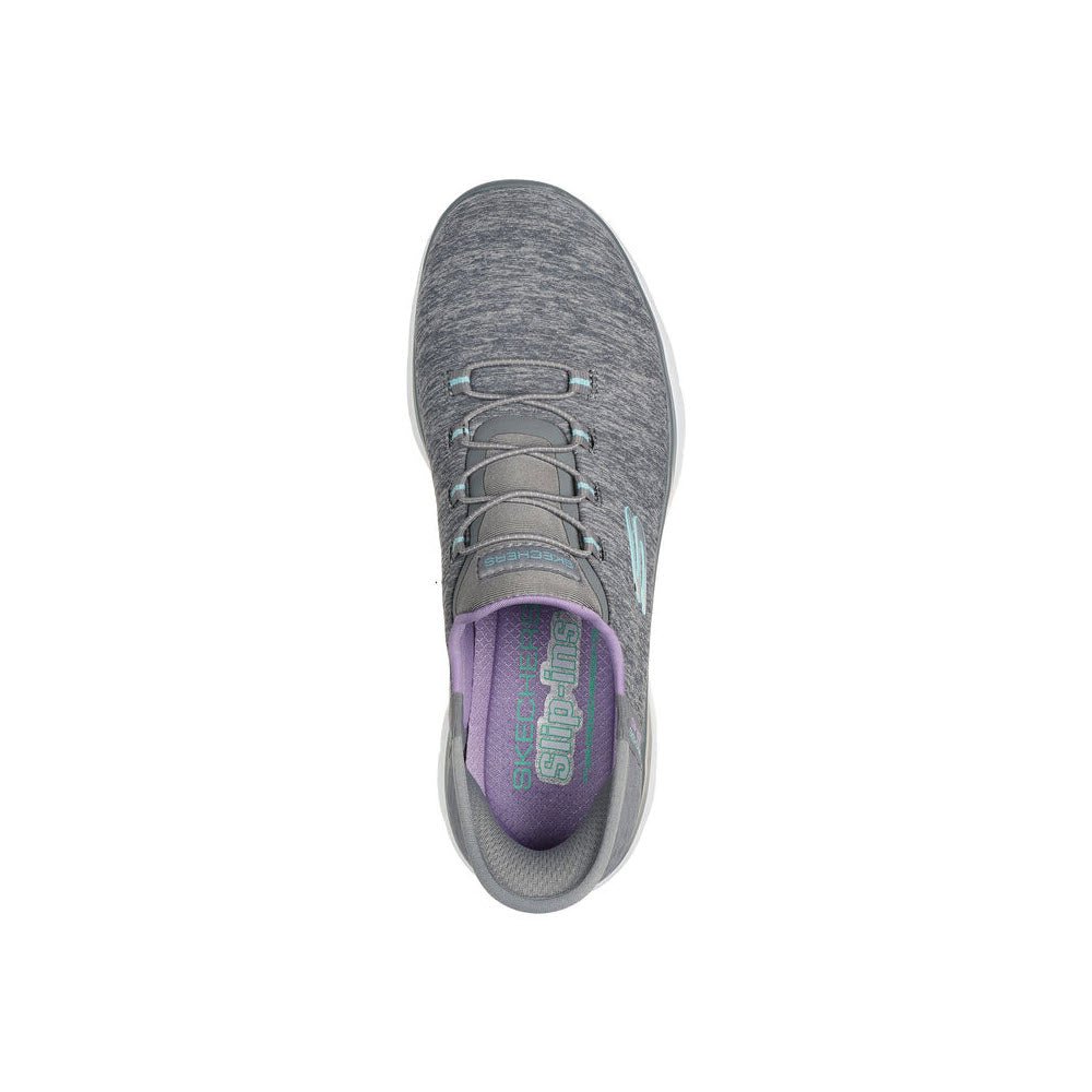 Top view of a gray and purple Skechers Slip-ins Summits Dazzling Haze Grey Multi - Womens sneaker on a white background.