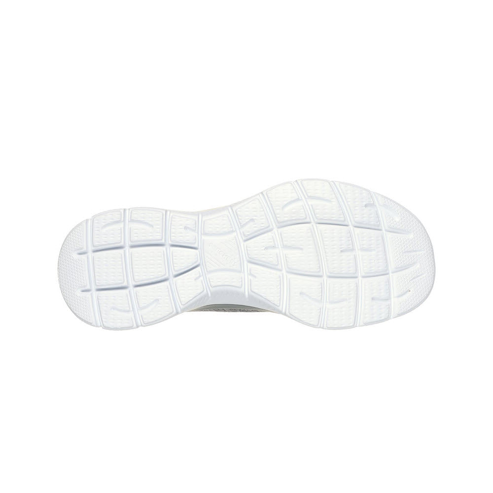 Sole of a white Skechers Slip-ins Summits Dazzling Haze Grey Multi sneaker showing a grid pattern tread and brand logo.