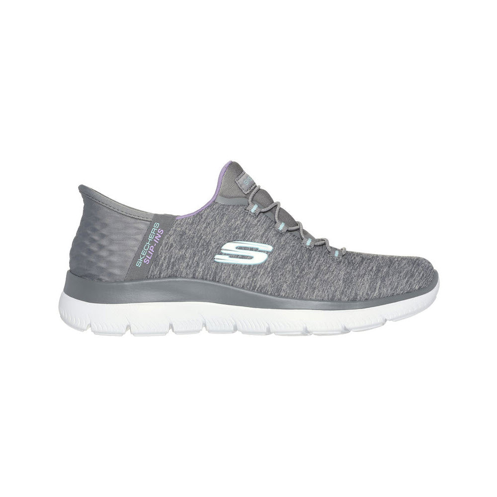 A Skechers Summits Dazzling Haze Gray Multi slip-in sporty sneaker with a white sole and a small purple logo on the tongue and side.