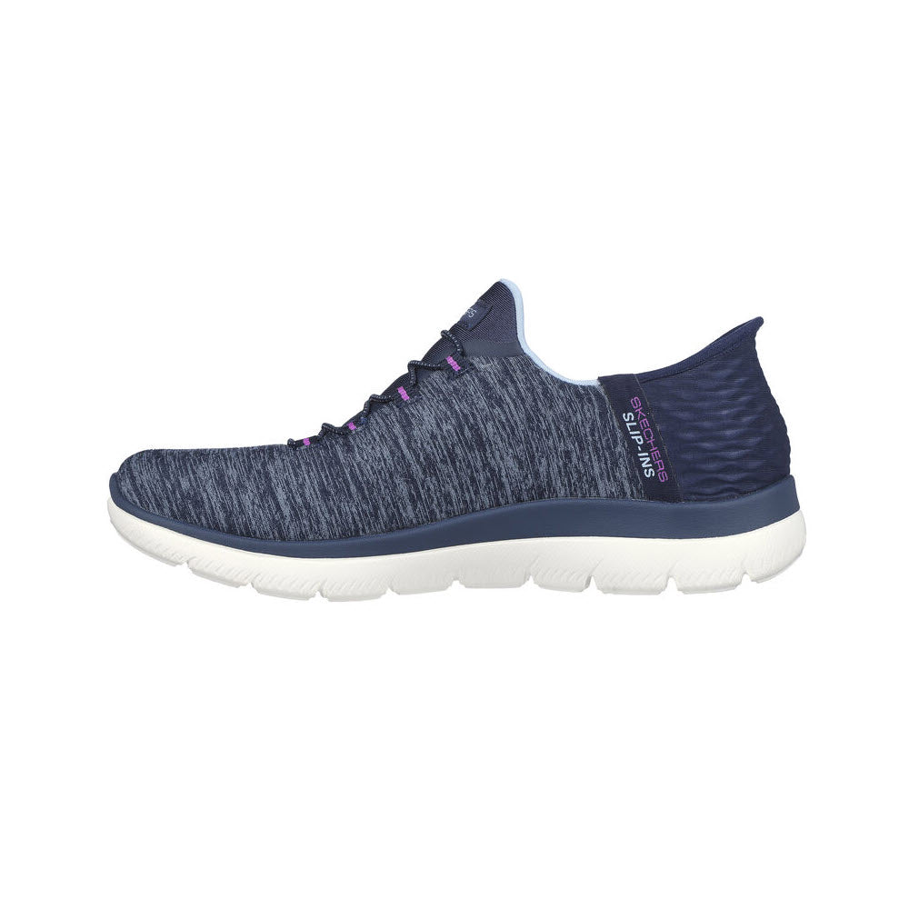 A side view of a single blue and white athletic Skechers Slip-ins Summits Dazzling Haze Navy/Purple shoe with a knit upper and Air-Cooled Memory Foam insole.