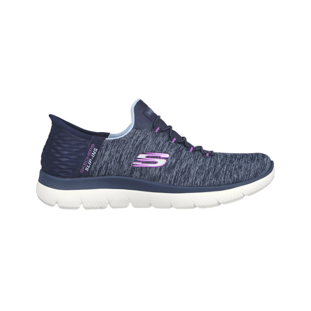 Side view of a single blue and white Skechers Slip-ins Summits Dazzling Haze Navy/Purple sport shoe with a white sole.