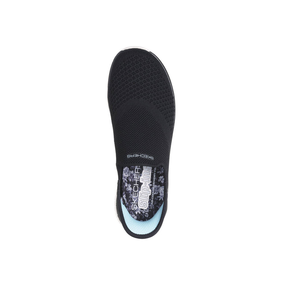 Overhead view of a single black Skechers Slip-Ins Virtue Sleek sneaker featuring an Air-Cooled Memory Foam insole.