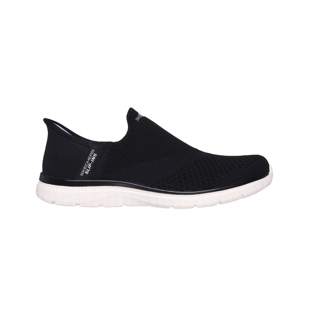 Black Skechers Slip-ins Virtue Sleek sneaker with white sole, featuring Air-Cooled Memory Foam.