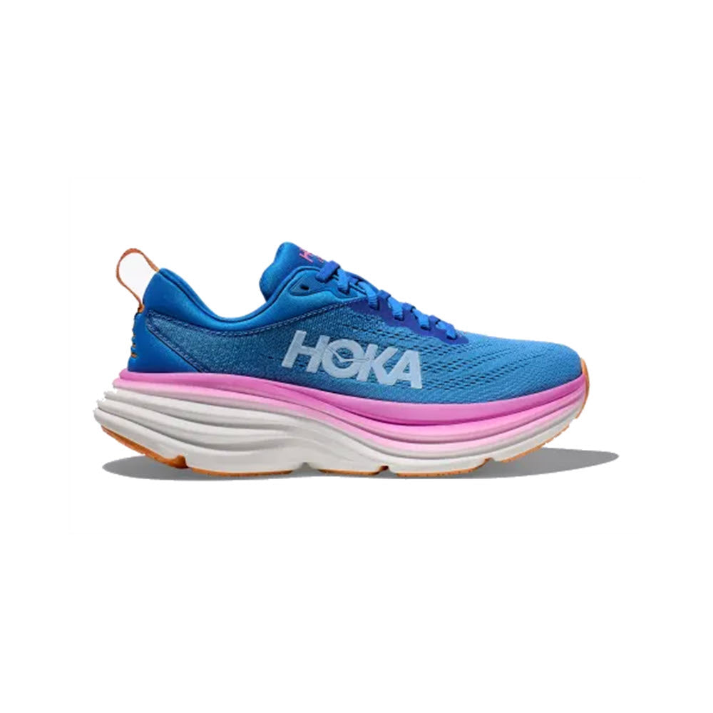 Side view of a blue and pink HOKA Bondi 8 Coastal Sky/All Aboard - Womens running shoe with a white sole, isolated on a white background.
