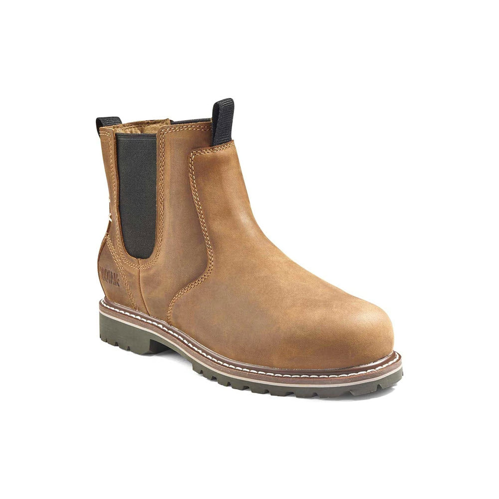 A single Kodiak Bralorne Chelsea boot in light brown full grain leather with black elastic side panels and a thick rubber sole, isolated on a white background.