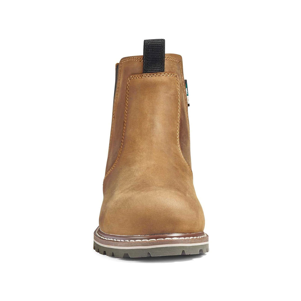 Rear view of a tan full grain leather Kodiak Bralorne Chelsea boot with elastic side panel and rugged sole, isolated on a white background.