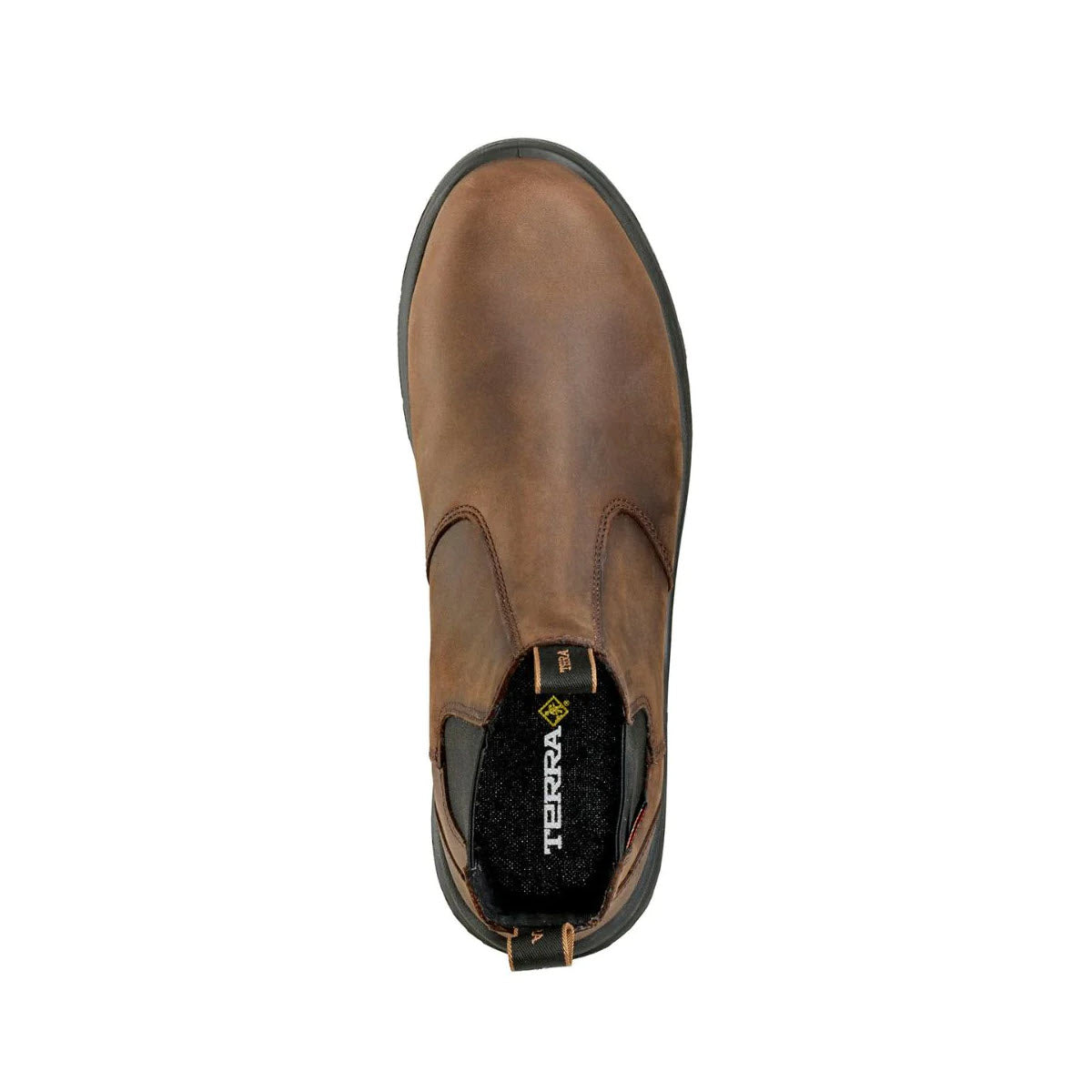 Top view of a dark brown leather Terra Composite Toe Murphy Waterproof Chelsea boot with black elastic side panels and odour fighting technology on a white background.