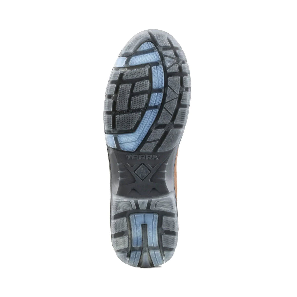 Bottom view of a gray and blue Terra waterproof leather hiking shoe sole showing detailed tread patterns and brand logo &quot;tetura.