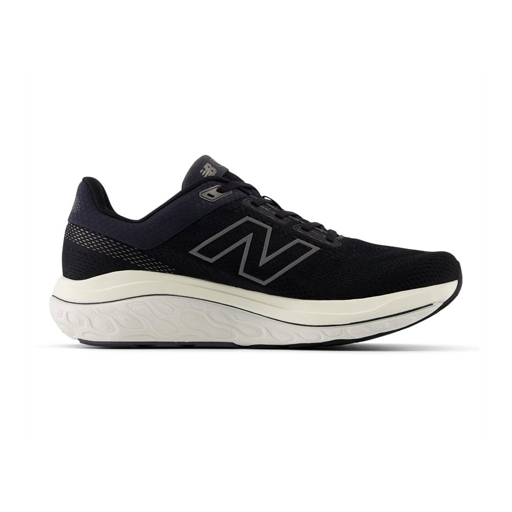 A black New Balance Fresh Foam X NEW BALANCE 860v13 running shoe with a prominent white &quot;n&quot; logo on the side and a white sole featuring Stability Plane technology.