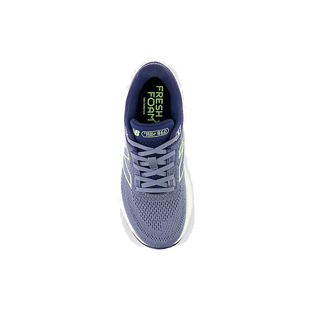 Top view of a single purple and blue New Balance running shoe with visible brand logos and &quot;Fresh Foam X 860v14&quot; text on the insole.