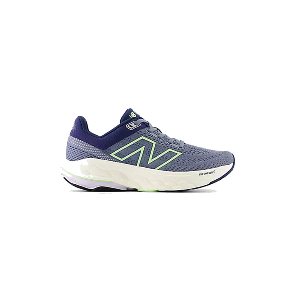 A New Balance 860v14 Arctic Grey/Sea Salt/Bleached Lime Glo running shoe with a prominent white "n" logo on the side, featuring Stability Plane technology and a thick white sole.