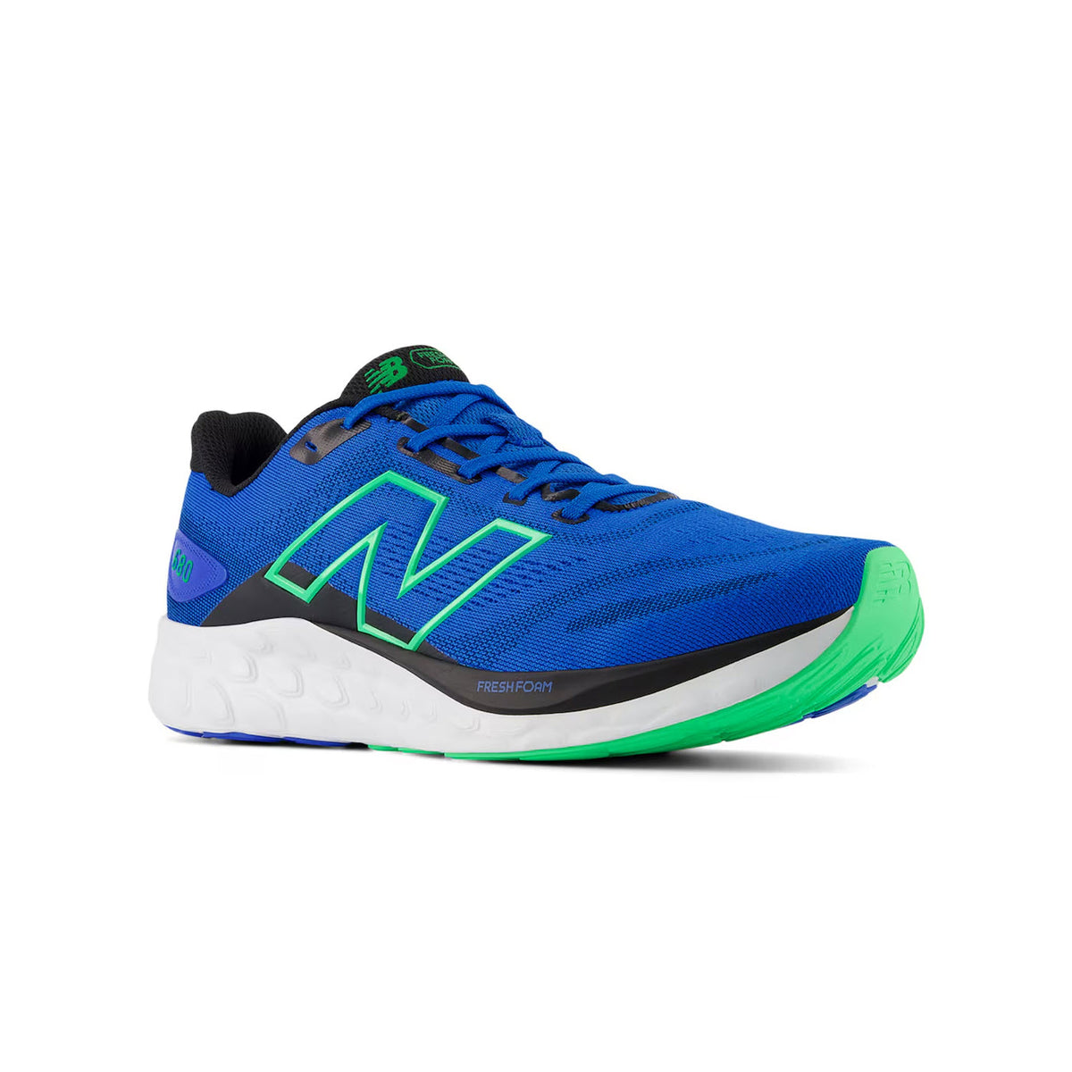 A blue New Balance 680v8 running shoe with a prominent green &quot;N&quot; logo, neon green soles, and black detailing on a white background.